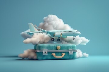 Whimsical 3D Rendering of Plane Emerging from Suitcase Amidst Fluffy Clouds on Tranquil Background