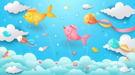 Wall Mural - Cartoon illustration of Makar Sankranti, kite festival on a blue sky with clouds. Cute colorful paper toys in the shape of fish and birds flying in the wind.