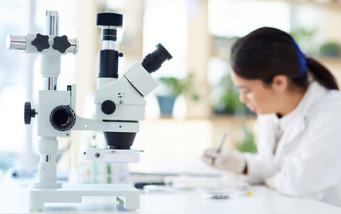Aufkleber - Science, microscope and instrument in lab with research for sample analysis, medical experiment or DNA test. Scientist, woman or closeup of tech equipment for gene editing or healthcare breakthrough