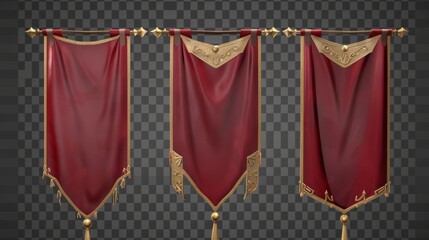 Poster - An isolated three dimensional hanging pennon on a transparent background. A royal knight pennant with golden borders, ragged edges, and a variety of shapes and sizes, a blank vertical medieval flag