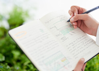 Aufkleber - Scientist, hand and writing notes for plant research, innovation or medical analysis for botany. Science, notebook and closeup of person in lab with leaf for natural experiment info, test and exam