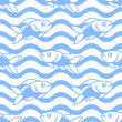 Blue and white stylized fishes on wavy background. Vector seamless pattern.