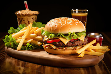 Sticker - Delicious Cheeseburger with Fries and a Shake Set on a Wooden Table in a Diner