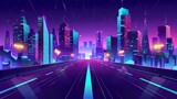 Fototapeta  - Animated cartoon illustration showing an urban skyline and a road leading to a city. Neon lights illuminate the highway and the futuristic street building.