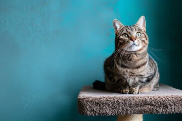 Tabby cat sits on blue tower