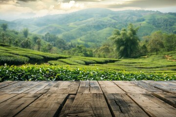 Wall Mural - Table in front of tea plantation background