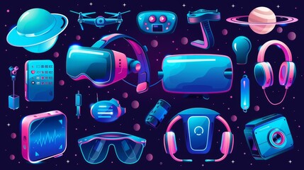 Wall Mural - This is a cartoon set of smart gadgets and communication technology on a blue background. The illustrations include a chatbot, a drone, a data storage device, a wire, a virtual reality headset, and