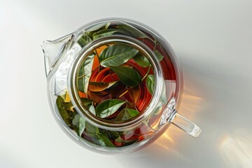 Wall Mural - Teas in a glass teapot with leaves top view