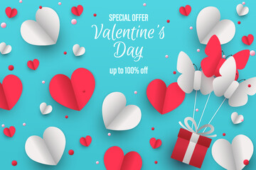 Wall Mural - Happy valentine's day background with paper cut style