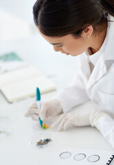 Aufkleber - Research, writing and woman or scientist with pen to label petri dish for identification or analysis for tools. Person and marker in laboratory for innovation or study, experiment and breakthrough.