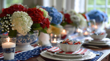 Independence Day, The Fourth Of July Patriotic Table Setting With American Flag Colors. Beautiful Hydrangea Bouquet In Red Blue White