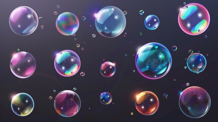 Poster - Bubble soap or balloon explodes in air animation sequence. 3D magic foam water with reflection sprite design. Isolated realistic sheet with rainbow shampoo ball explosions in air.
