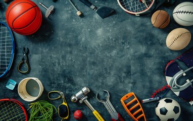  An overhead view background of various sports equipment with empty space
