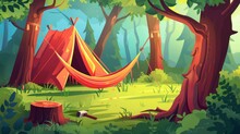 Summer Forest Camping Scene With Hammock And Ax In Stump. Spring Forrest Location Environment For Campsite Panorama Campaign. Woods Nature Concept.