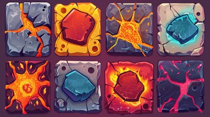 Poster - volcano board crack ui button cartoon illustration set. magma eruption signboard panel icon set. sto