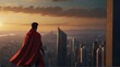 A super hero wearing a long red cape and boots standing on the top of a tall building looking at a metropolis city with the sunset in the background.generative.ai 