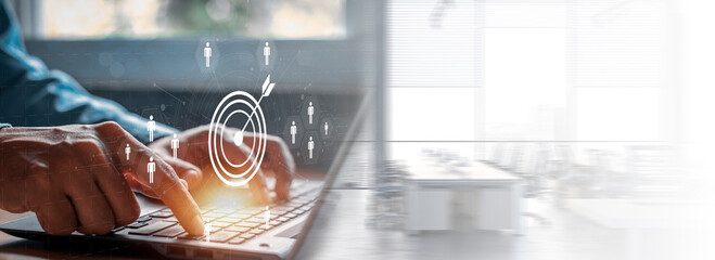 Wall Mural - white dartboard and white arrow connection linkage with human icon for customer focus target group a