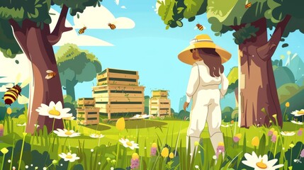 Wall Mural - The beekeeper is in a forest farm near a tree in a 2D landscape background. The beehive and the apiarist are situated on a meadow environment with blooming chamomile flowers and sunlight rays. The