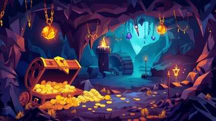 Wall Mural - Illustration of a big cave with piles of gold. Cartoon illustration with a treasure chest filled with golden coins, sparkling gemstones, jewelry, medieval swords, background from an adventure game.