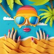 Happy beachgoer with colorful nail polish and sunglasses
