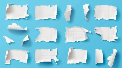 Poster - Paper pieces and sticky tape attached on blue background. Realistic modern illustration of ripped sheet with uneven edges, memo strip with grid, dot design, reminder note.