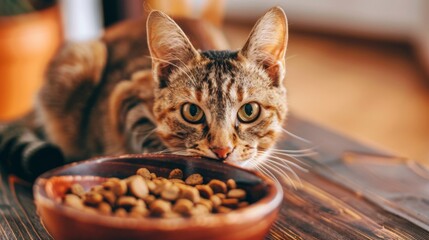 Adorable cat near bowl of food indoors. Pet care