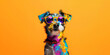 Cool dog with sunglasses on orange background. Generative ai design art concept.