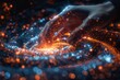 A human hand reaching out touching a swarm of sparkling cosmic particles, creating sense of connection with the universe