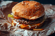 Delicious burger in fast food wrapper. Generative ai.