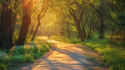 Poster - Beautiful road in green forest at sunset in summer. Colorful landscape with woods, bike road, walking people, sun rays, green trees, grass at sunny evening.