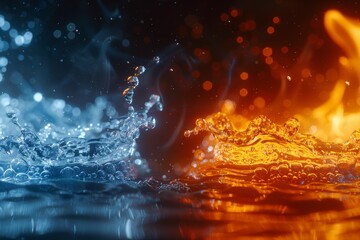 Poster - A visually striking image capturing the eternal battle between the elements of fire and water, where vibrant flames meet cool splashing droplets in a dark, mysterious space