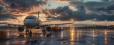 Fototapeta  - A commercial jet poised on a wet runway, bathed in the warm glow of a sunset with dramatic clouds in the background.