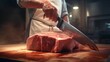 Butcher Sharpening a Large Meat Cleaver: High Quality