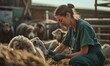 A woman veterinarian in scrubs is tending to a sheep, showcasing a moment of animal care and empathy in a rustic farm setting.