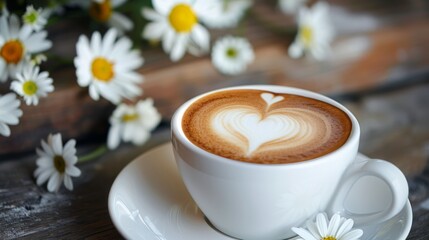 Poster - Close up shot of white coffee cup, hot cappuccino with heart-shaped latte art and flowers, food and drink concept.