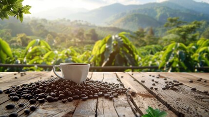 Poster - Coffee cup with coffee beans on the wooden table and the plantations in natural