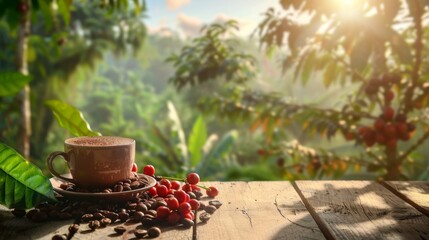 Poster - Coffee cup with coffee beans on the wooden table and the plantations in natural