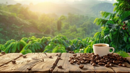 Poster - Coffee cup with coffee beans on the wooden table and the plantations in natural