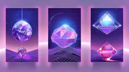 Poster - Y2K retro geometric posters with 3D wireframe globe, torus, diamond shape elements and text on mesh landscape background.