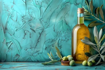 A still life image of an olive oil bottle with fresh olives and leaves against a turquoise textured backdrop