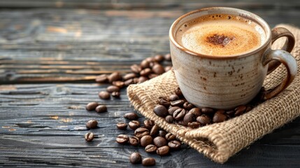 Poster - Cup of coffee latte and coffee beans in burlap sack on old wooden background