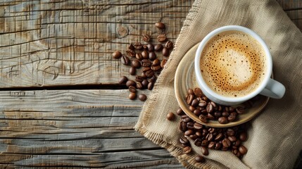 Poster - Cup of coffee latte and coffee beans in burlap sack on old wooden background