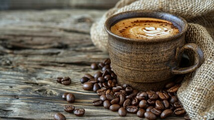 Poster - Cup of coffee latte and coffee beans in burlap sack on old wooden background