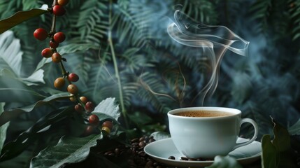 Poster - Cup of coffee with smoke and coffee beans on coffee tree background