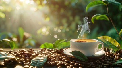 Poster - Cup of coffee with smoke and coffee beans on coffee tree background