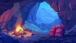 A cave with a sleeping bag near a campfire. A cartoon illustration of a fire burning in an underground grotto, smoke filling a narrow mountain tunnel, tourists with their overnight gear, and an