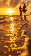 Sticker - A couple walking on the beach at sunset holding hands, AI