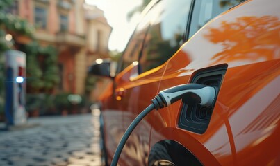 Close-up of electric car charging parked on parking place with electric charger along the street