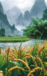 Illustration of wheat ears growing during Xiaoman solar term, grain harvest, green wheat field rainy day scene illustration