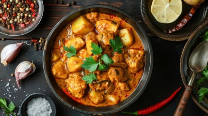 Wall Mural - Massaman Curry with Chicken and Potatoes.It is an aromatic curry with a tangy, luxurious taste that is harmonic, sweet and isn't as spicy.Top view